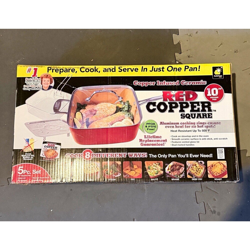 Red Copper Copper Square 10in Ceramic Nonstick Pan Set w/ Lid Basket Rack Book